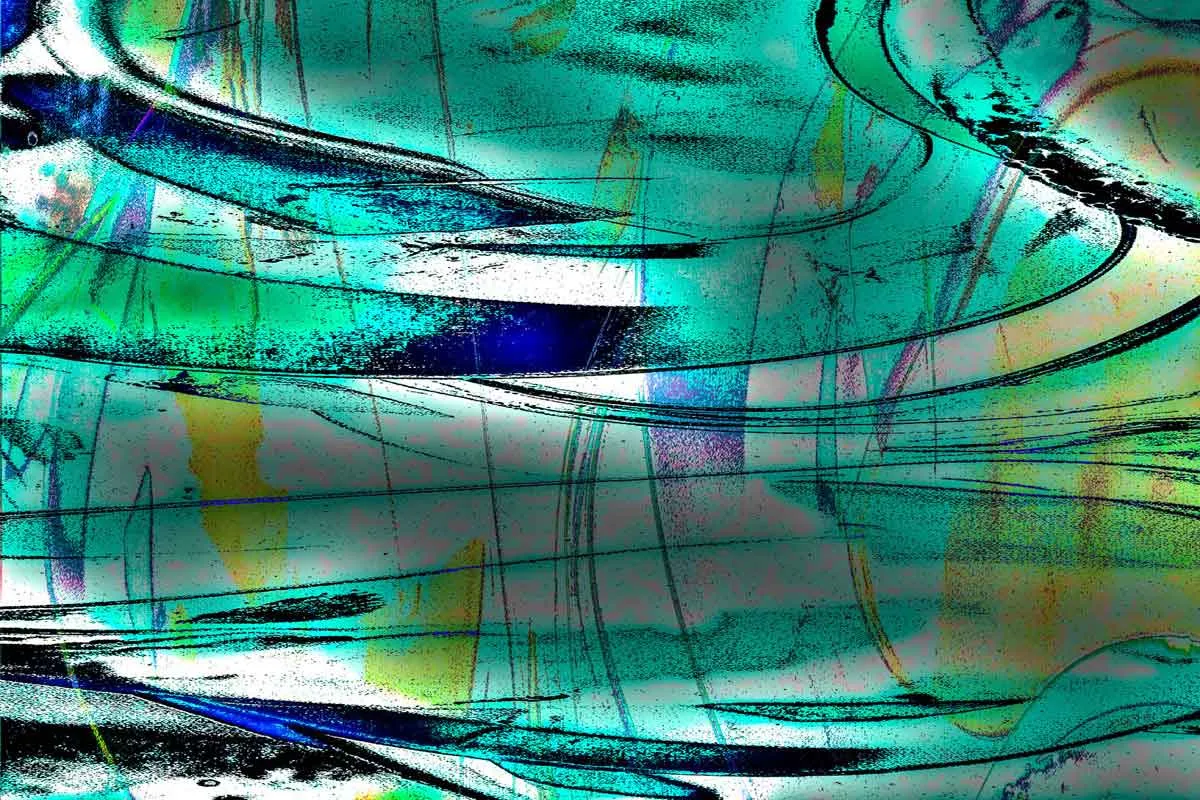 An abstract design with vibrant teal, blue, and hints of yellow, featuring dynamic, swirling lines and textures